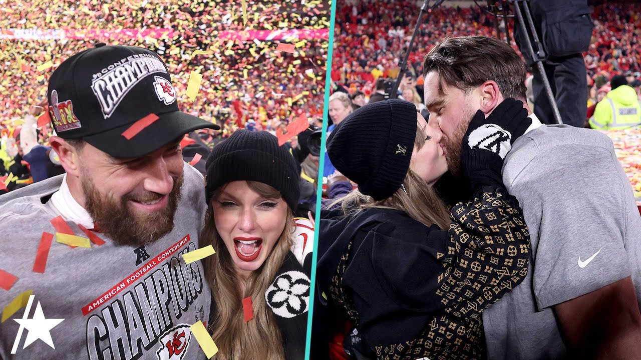 Taylor Swift & Travis Kelce Kiss Celebrating Chiefs Advancing to Super Bowl