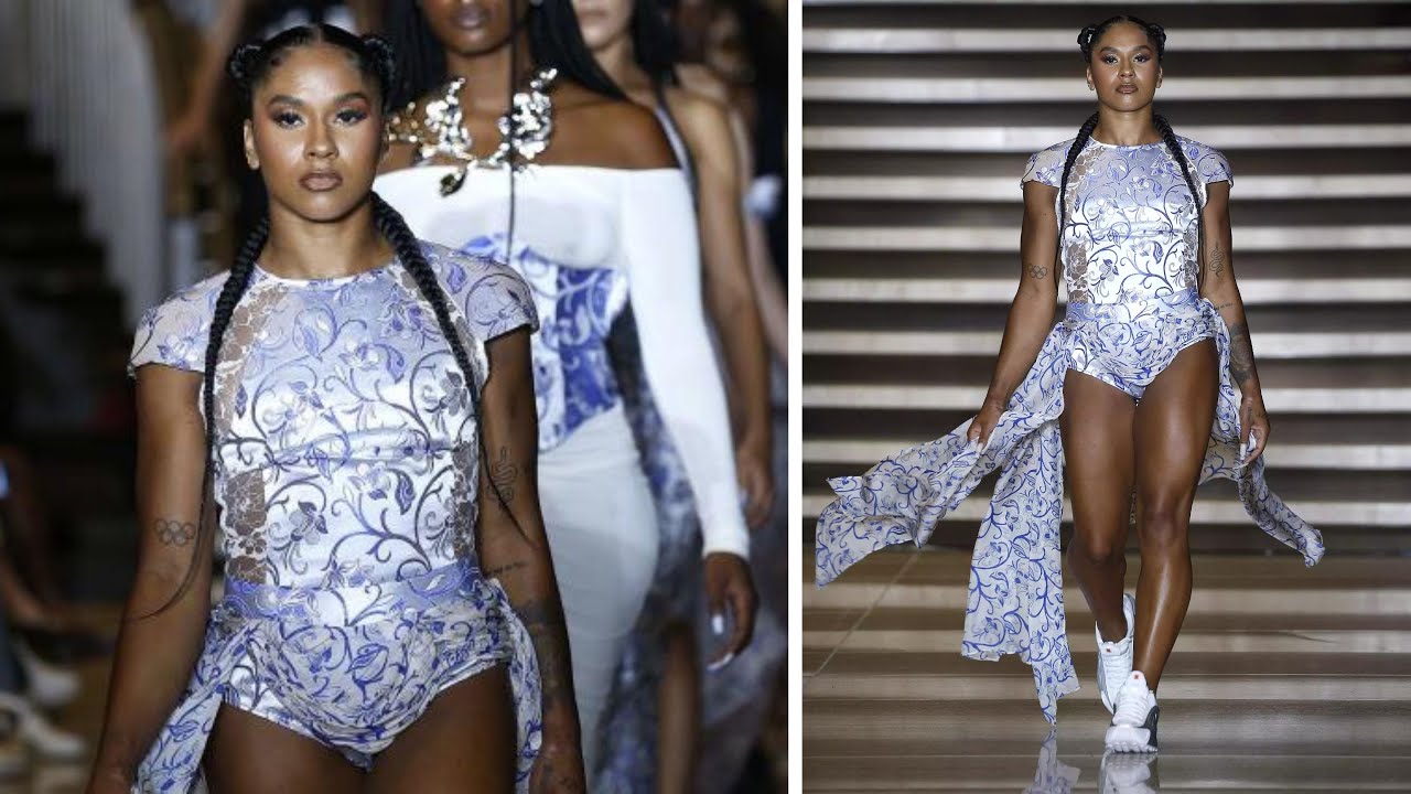 Jordan Chiles Makes NYFW Debut, Closing Kim Shui Show in Stunning Silver Leotard-Style Outfit