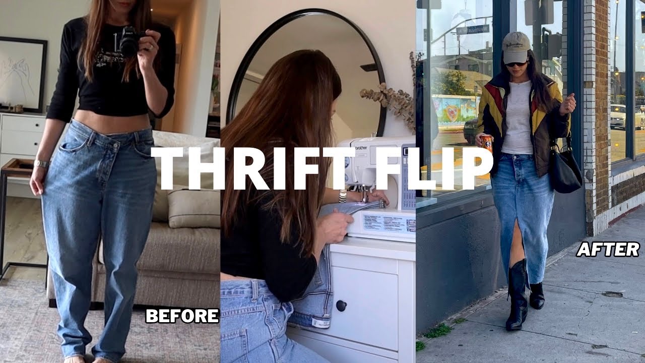 THRIFT FLIP 🦋 DIY DENIM SKIRT ✨ $7 Thrift Store Denim into a Stylish Denim Maxi Skirt!