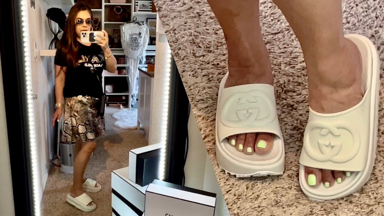GUCCI Women's SLIDES sandal with Interlocking G | Dillards Outfits & Try-on HAUL | HEAVY Shoe UPDATE